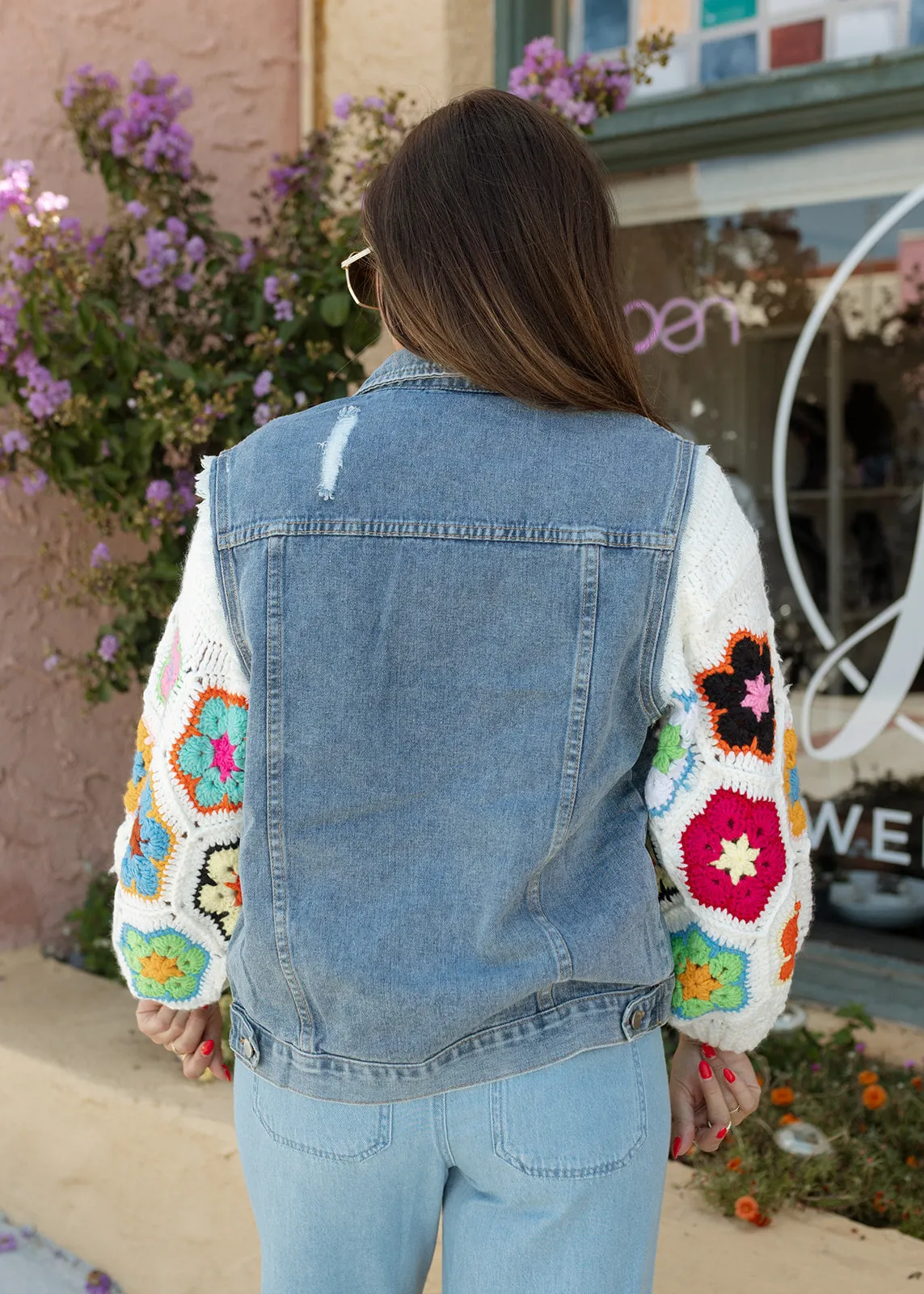 Colorful Flower Crochet & Denim Jacket