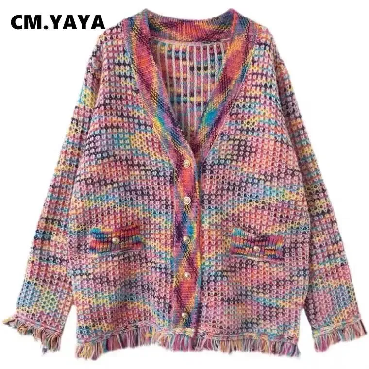 Contrast Color Women Fringe Weave Knitted Cardigan Sweater Plaid 2024 Spring Winter High Street Tassel Cardigans Jumpers