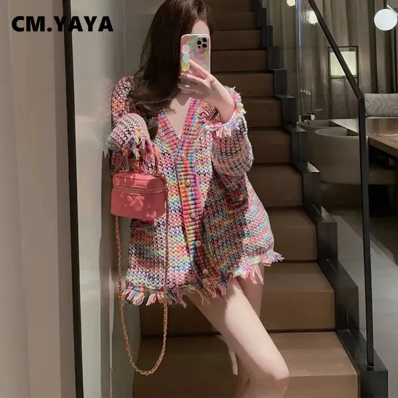 Contrast Color Women Fringe Weave Knitted Cardigan Sweater Plaid 2024 Spring Winter High Street Tassel Cardigans Jumpers