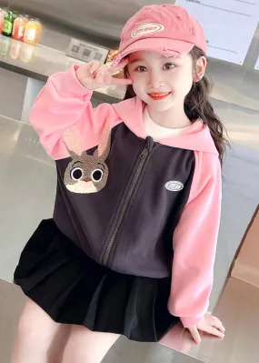 Cute Pink Hooded Print Patchwork Cotton Girls Coats Fall ML0043