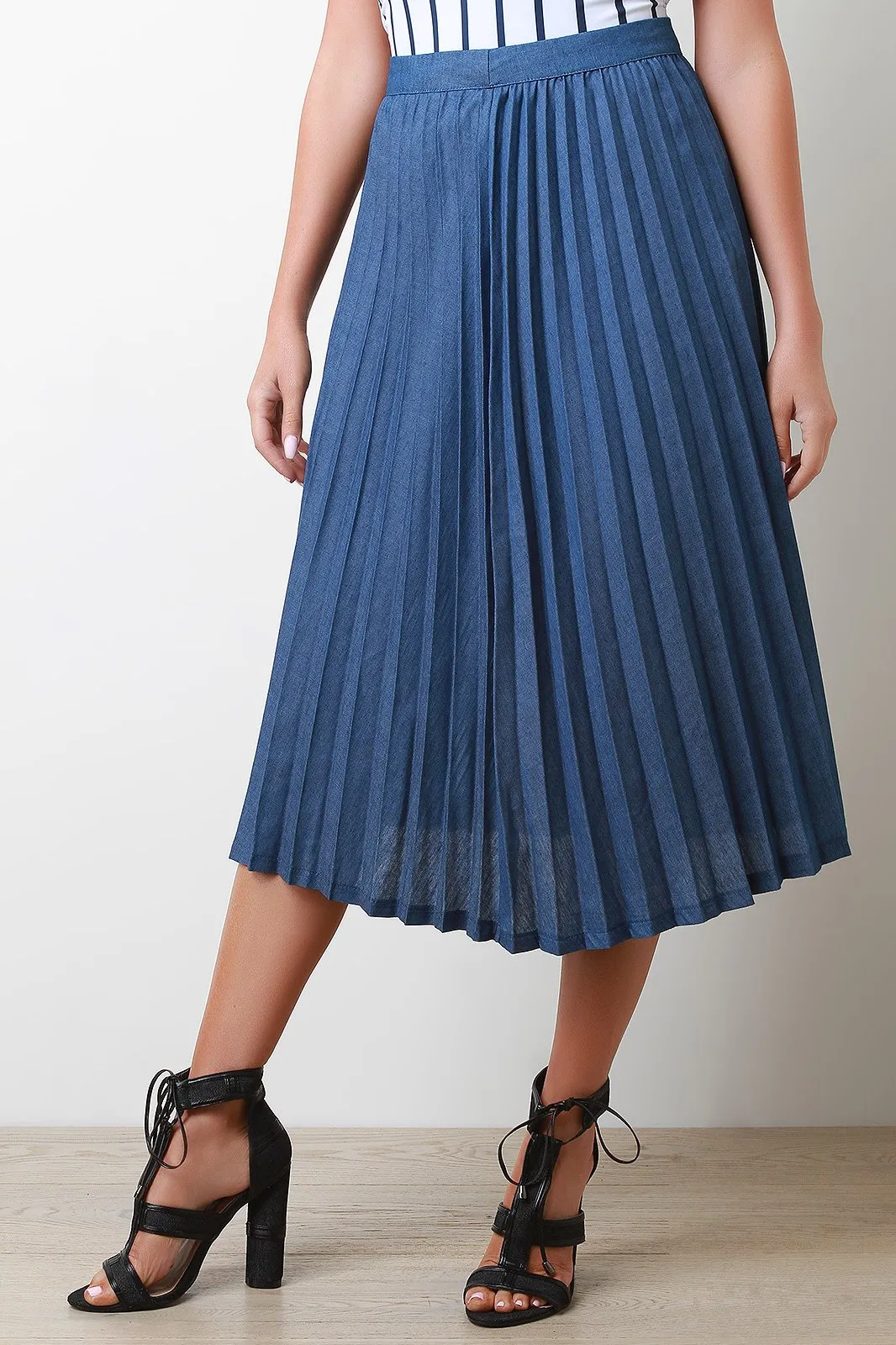 Denim Accordion Pleated High Waist Skirt