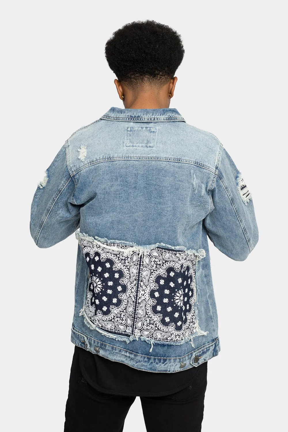 Distressed Bandana Paisley Patched Denim Jacket