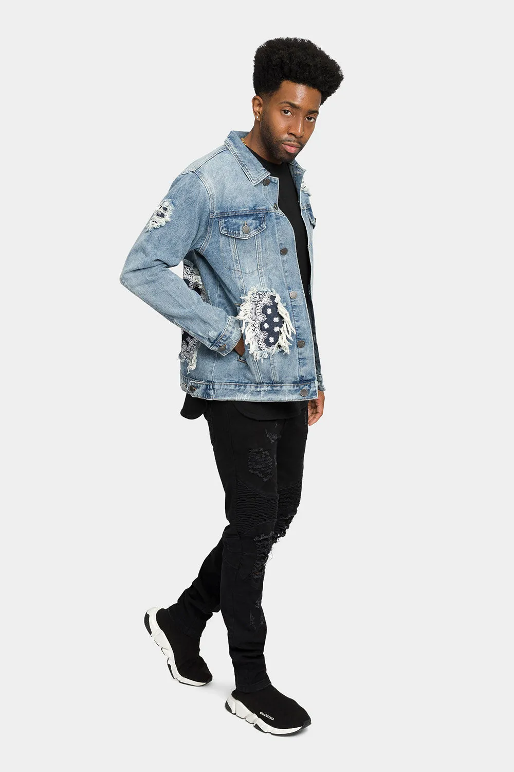 Distressed Bandana Paisley Patched Denim Jacket