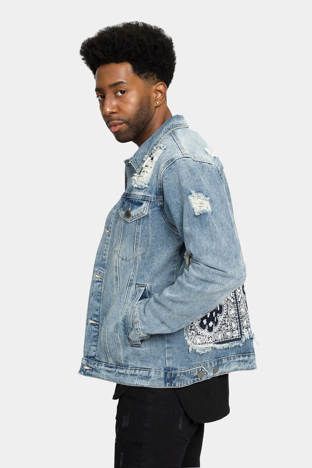 Distressed Bandana Paisley Patched Denim Jacket