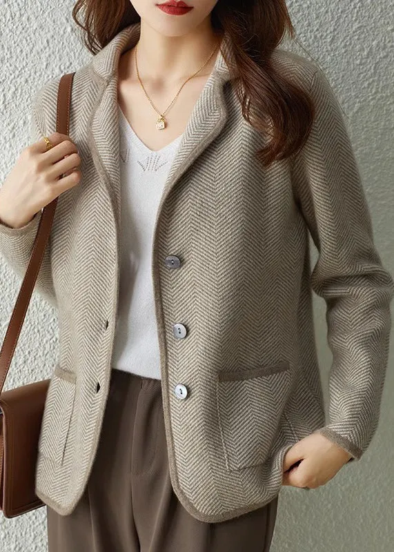 DIY Camel Notched Striped Patchwork Button Knit Coats Fall LY9910