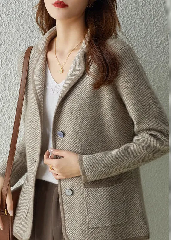 DIY Camel Notched Striped Patchwork Button Knit Coats Fall LY9910