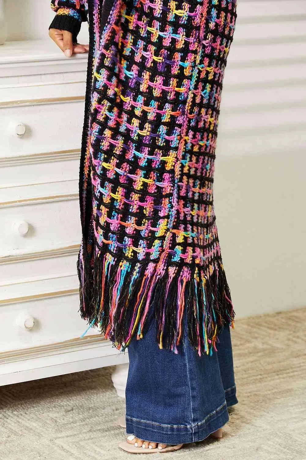 Double Take Full Size Multicolored Open Front Fringe Hem