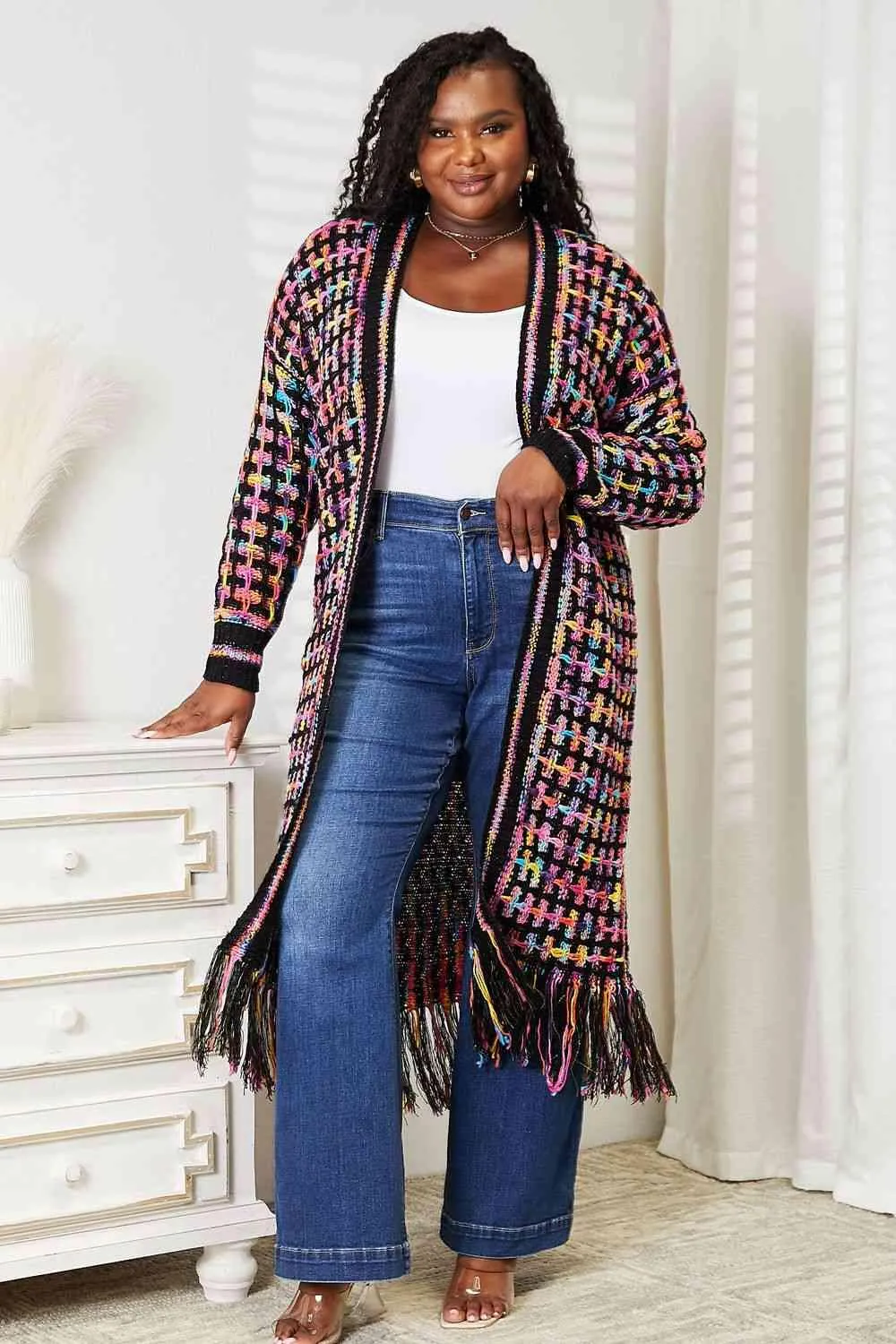 Double Take Full Size Multicolored Open Front Fringe Hem