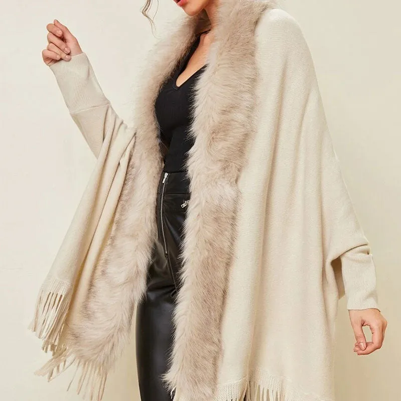 Elegant Faux Fur Shawl Collar Dolman Sleeve Open Front Fringe Knit Cardigan