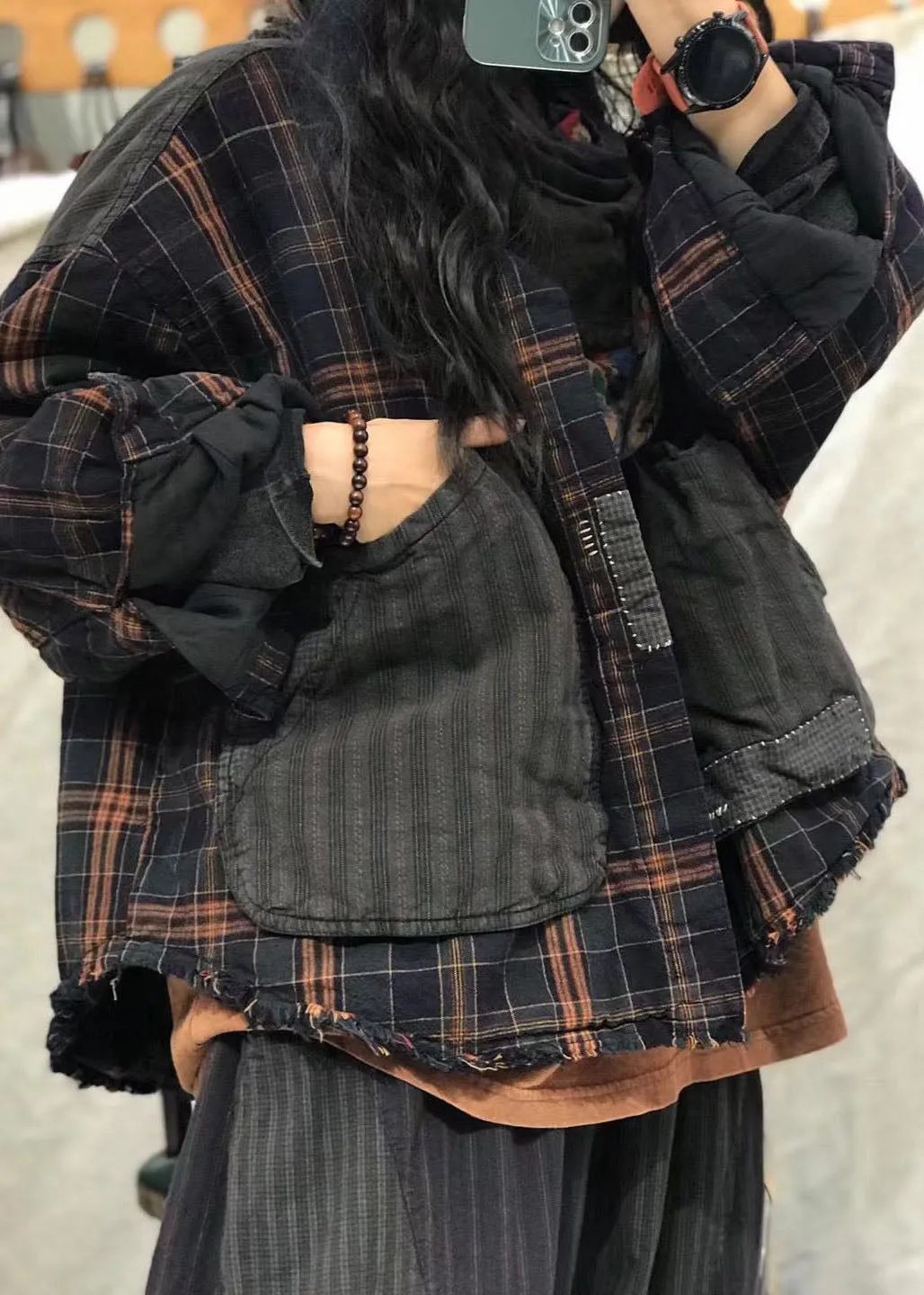 Fashion Black Pockets Peter Pan Collar Plaid Patchwork coats Spring