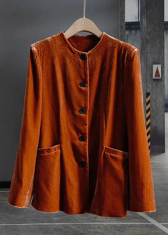 Fashion Orange O-Neck Button Patchwork Silk Velour Coats Spring LY0983