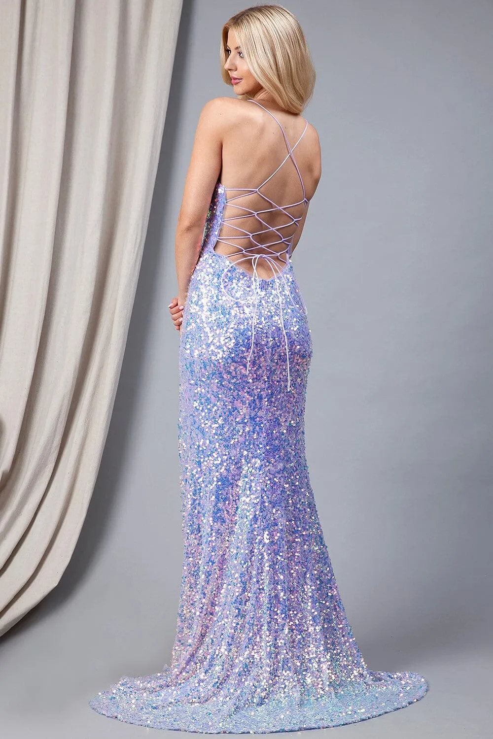 Fitted Iridescent Sequin Slit Gown by Amelia Couture 5046