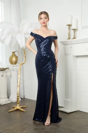 Fitted Linear Sequin Off Shoulder Slit Gown by Juno M1005