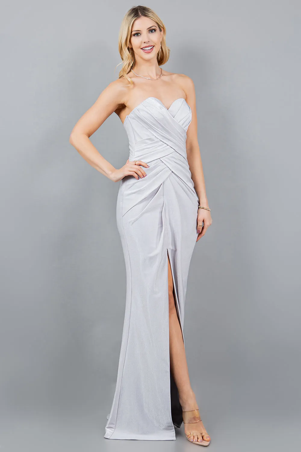 Fitted Ruched Strapless Slit Gown by Cinderella Couture 8095J