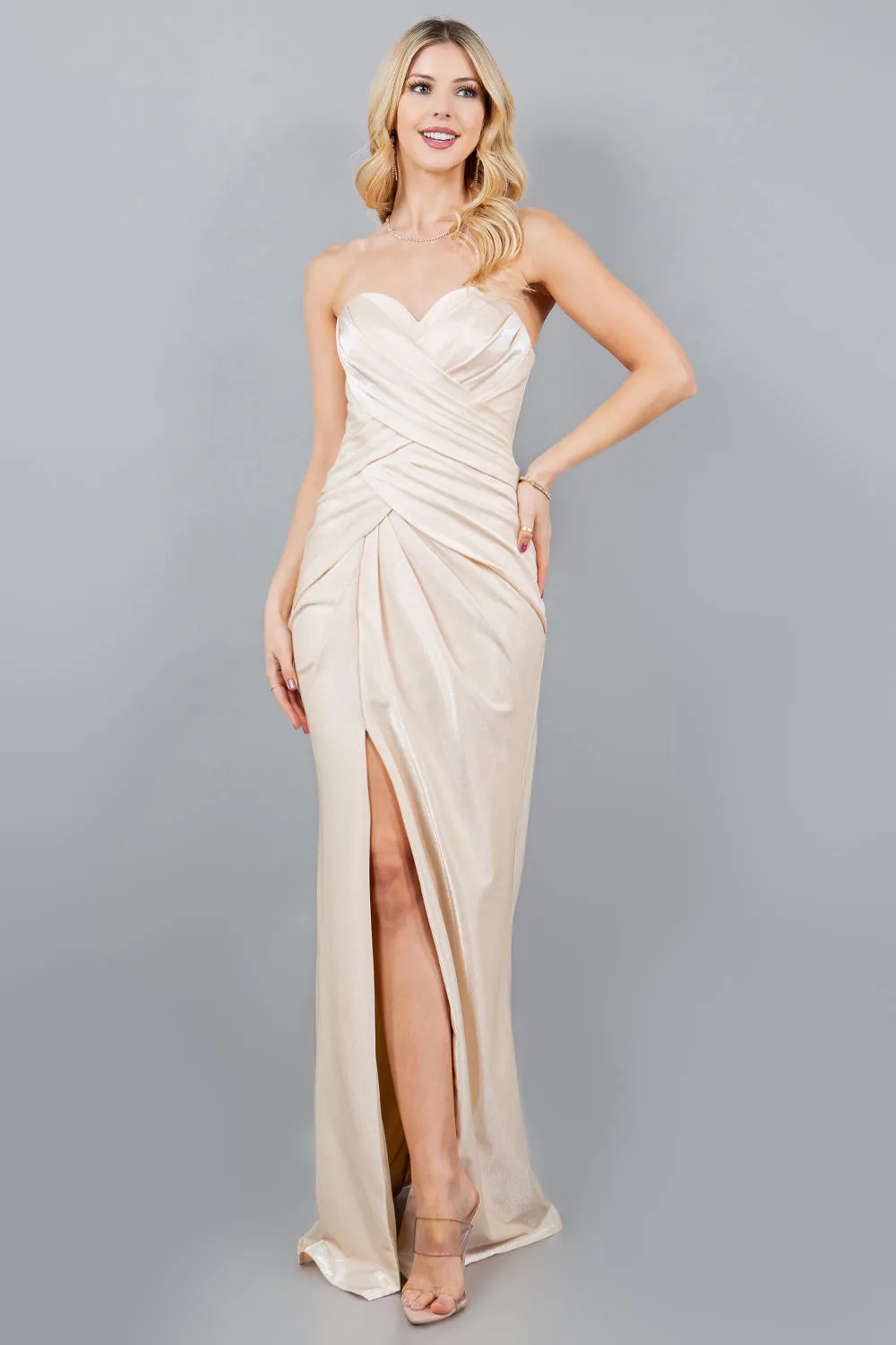 Fitted Ruched Strapless Slit Gown by Cinderella Couture 8095J