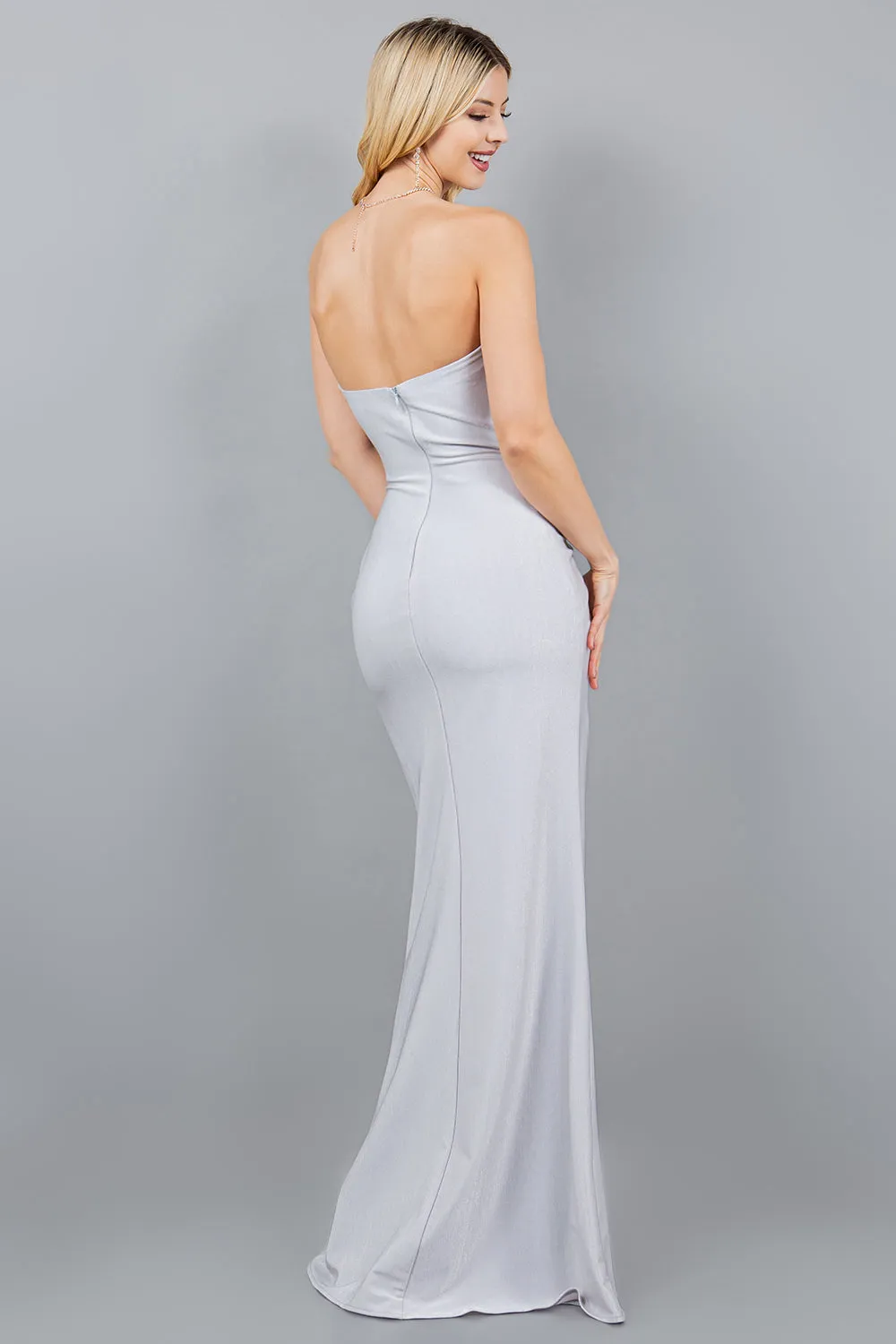 Fitted Ruched Strapless Slit Gown by Cinderella Couture 8095J