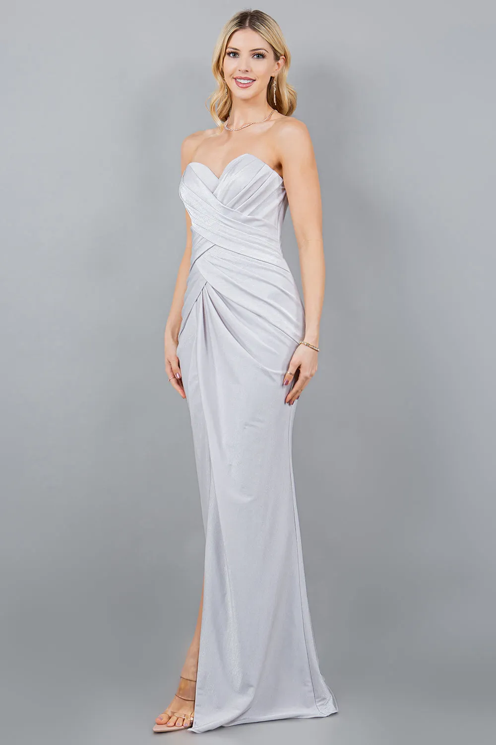 Fitted Ruched Strapless Slit Gown by Cinderella Couture 8095J