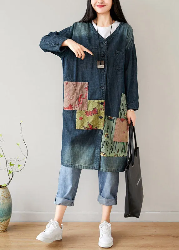 French Blue V Neck Pockets Patchwork denim coats Spring