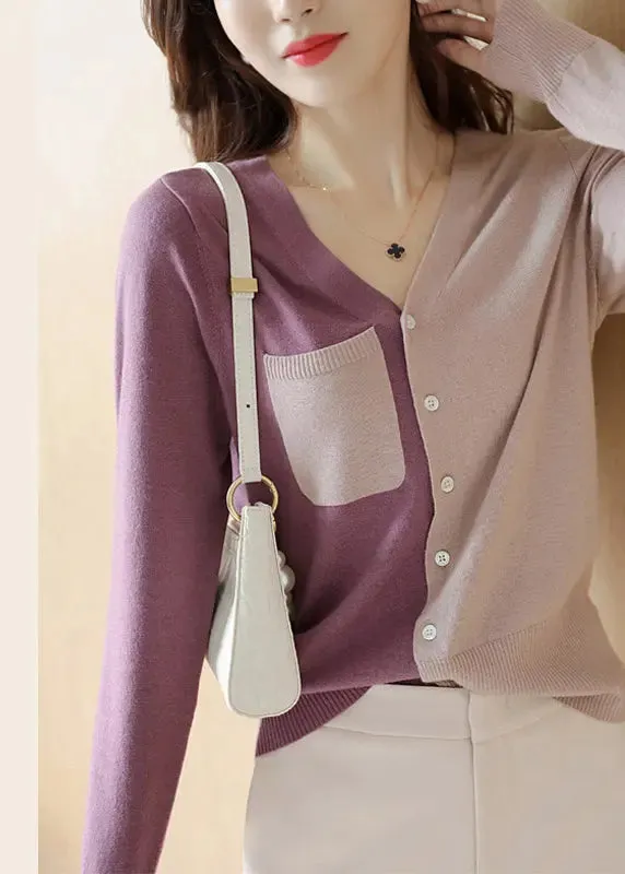 French Colorblock Asymmetrical Button Patchwork Knit Coats Long Sleeve ML2955