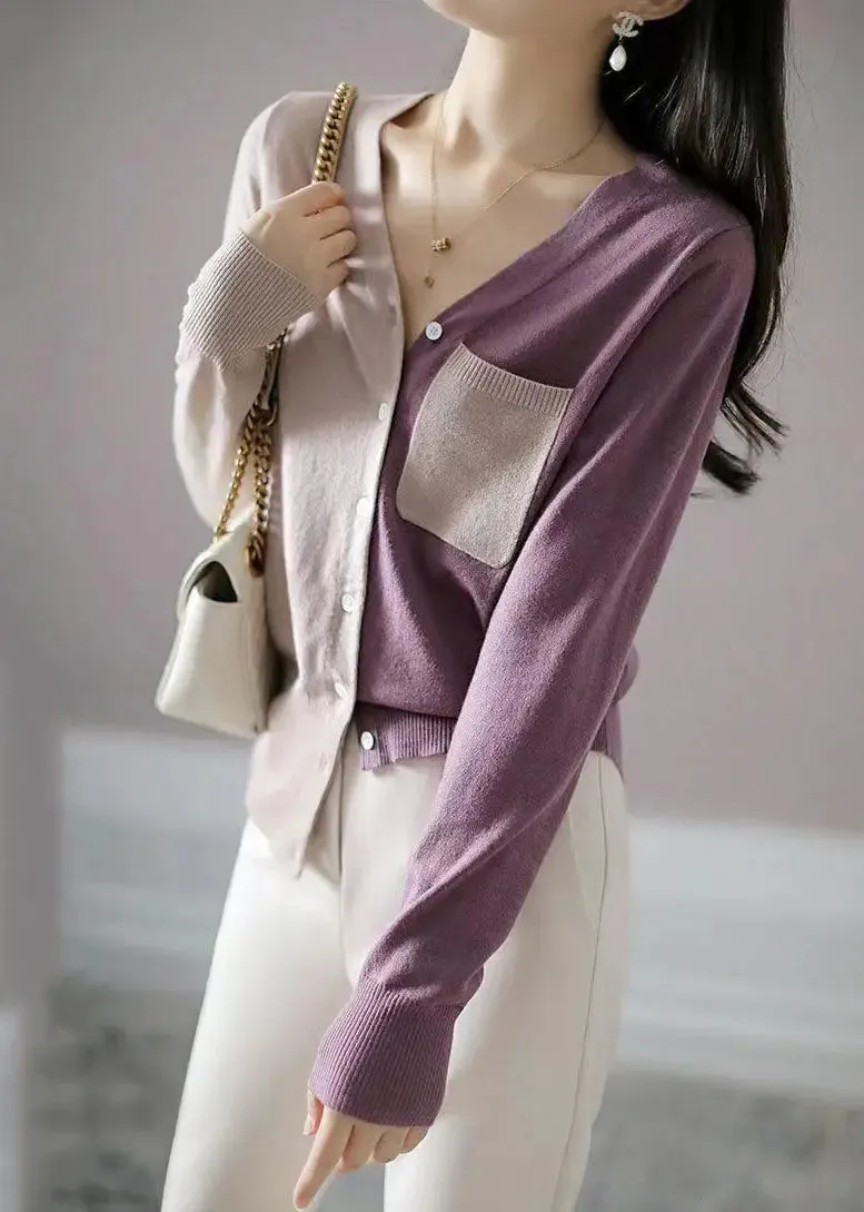 French Colorblock Asymmetrical Button Patchwork Knit Coats Long Sleeve ML2955