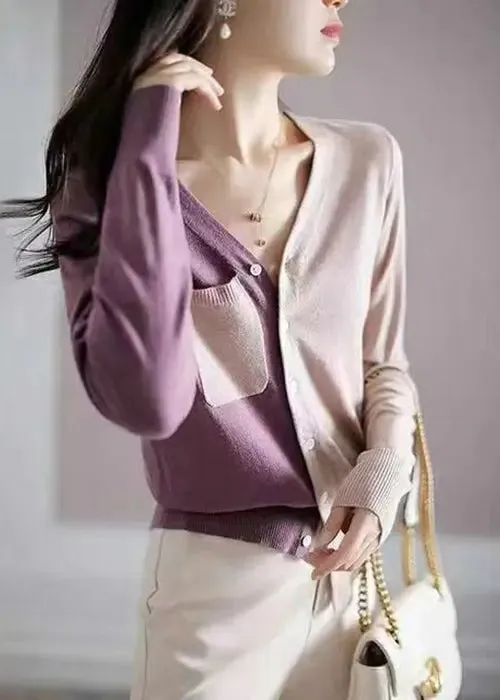 French Colorblock Asymmetrical Button Patchwork Knit Coats Long Sleeve ML2955