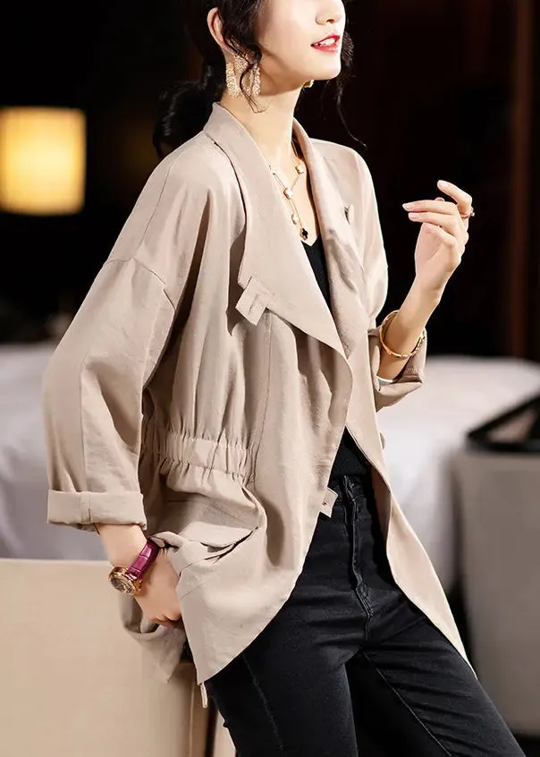 French Khaki Button Pockets Patchwork Cotton Thin Coats Fall ML1013