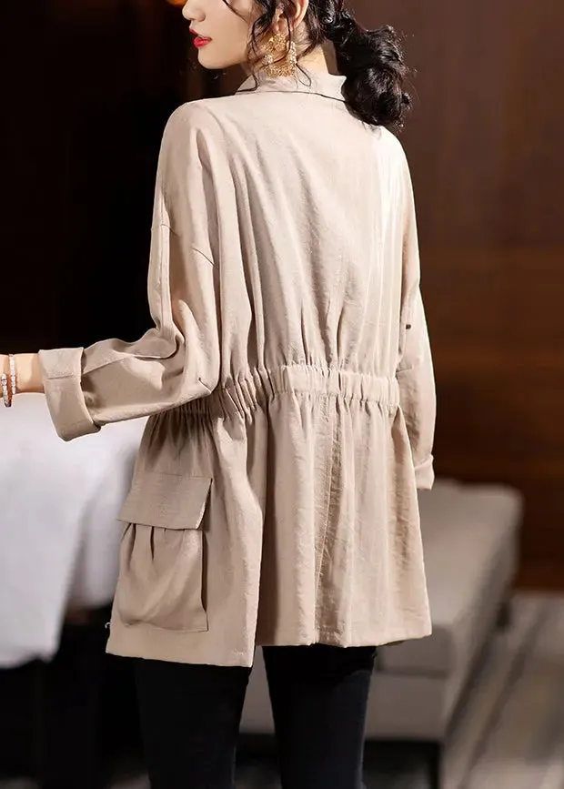 French Khaki Button Pockets Patchwork Cotton Thin Coats Fall ML1013