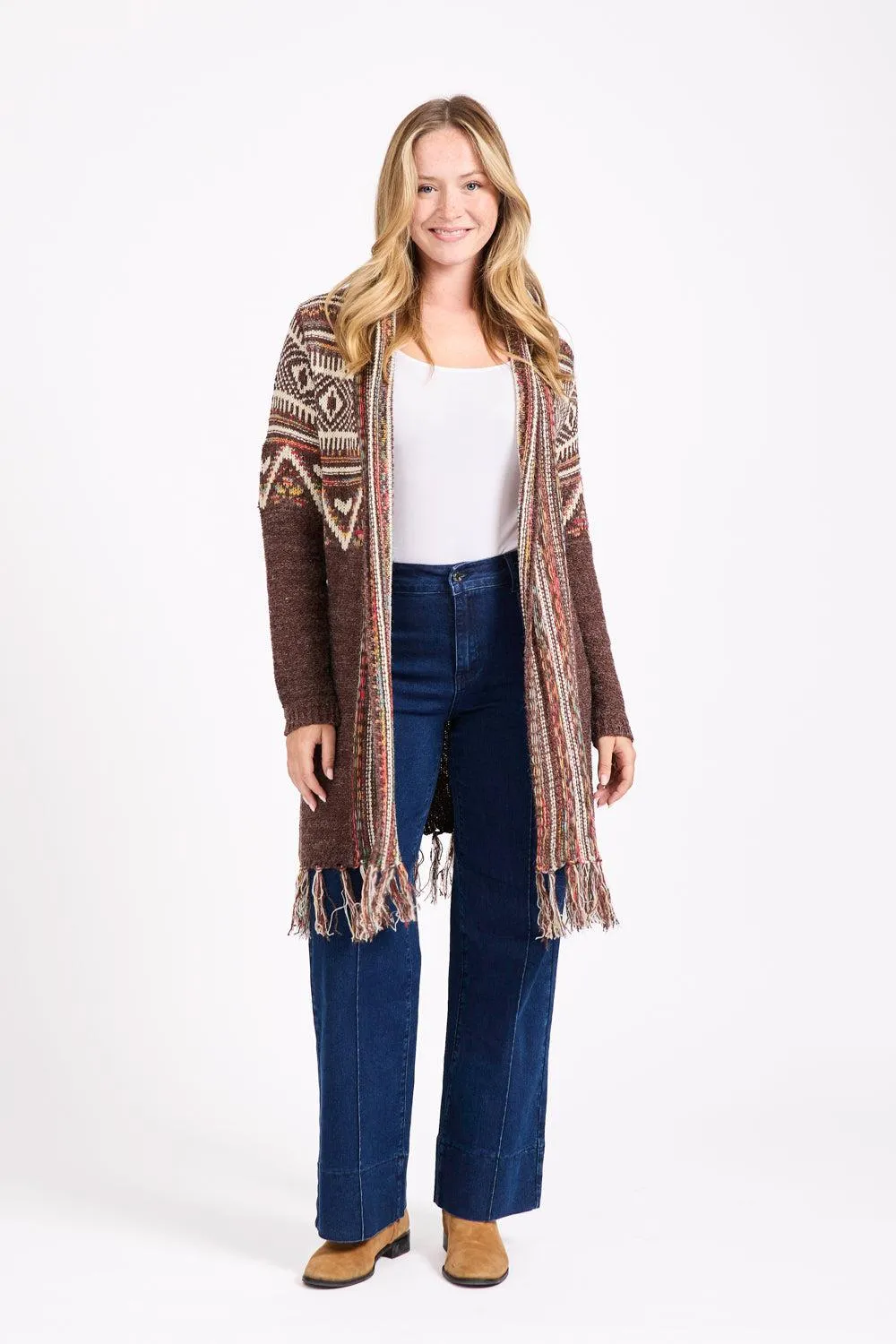 Fringe Hem Aztec Cardigan- Mocha