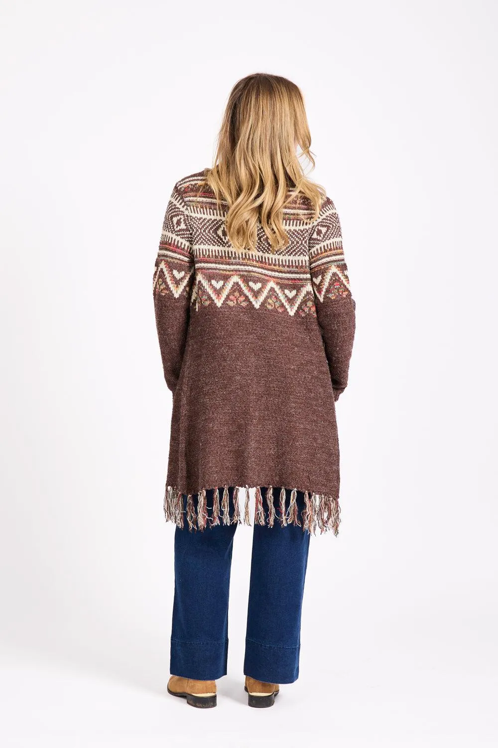 Fringe Hem Aztec Cardigan- Mocha