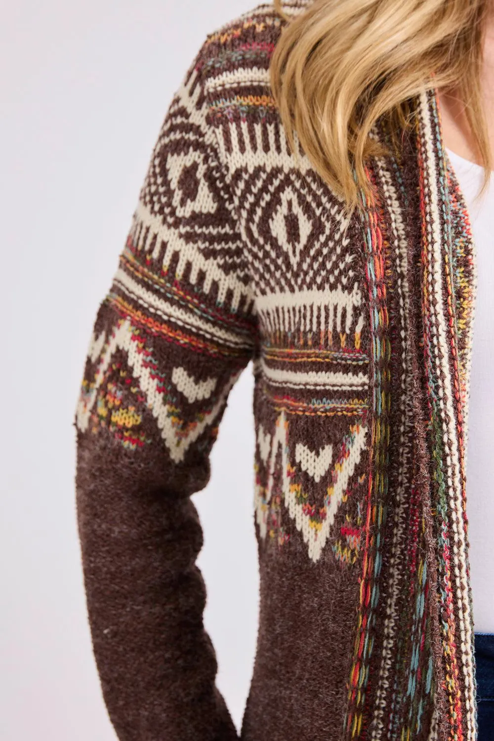 Fringe Hem Aztec Cardigan- Mocha