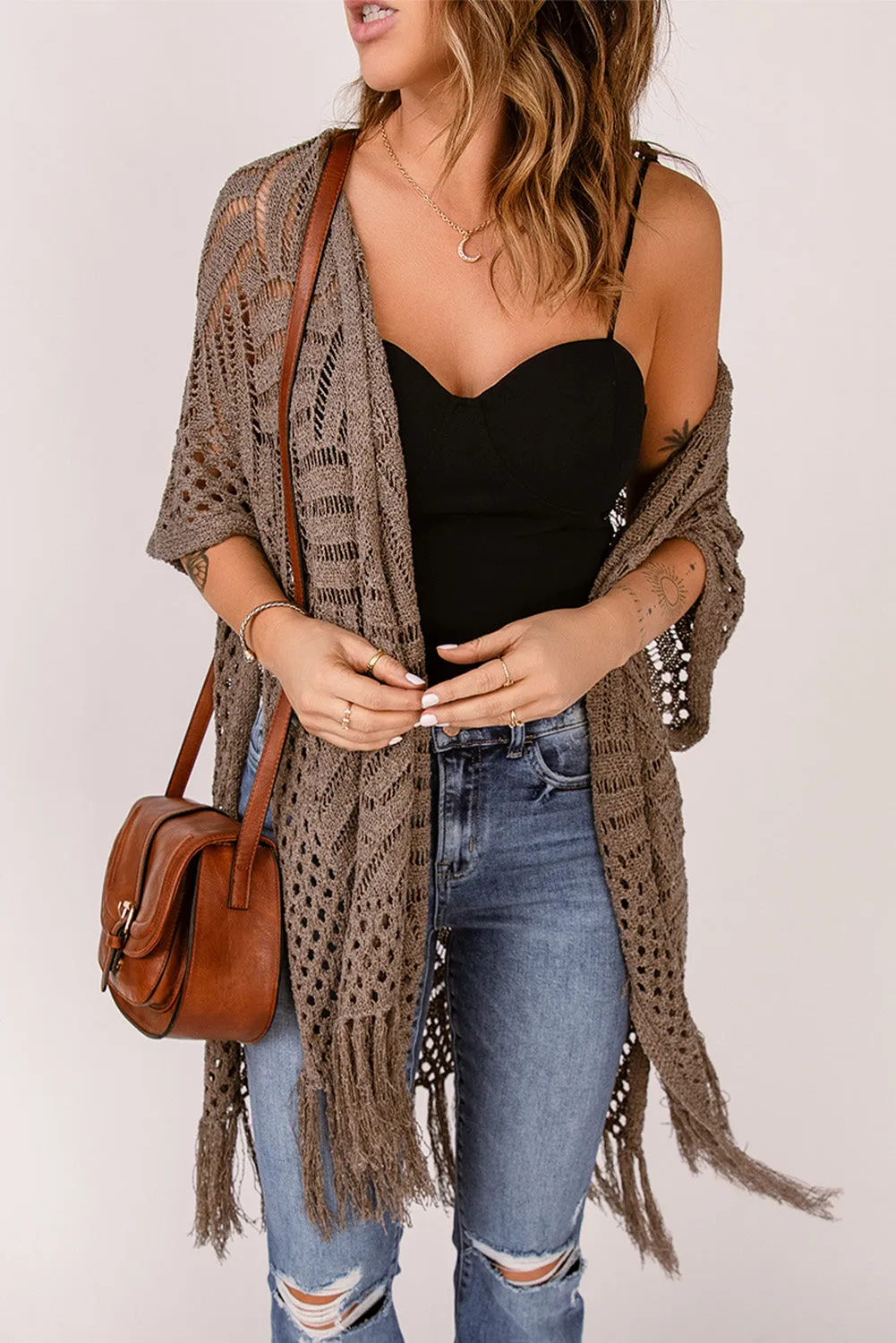 Fringe Hem Slit Open Front Cardigan