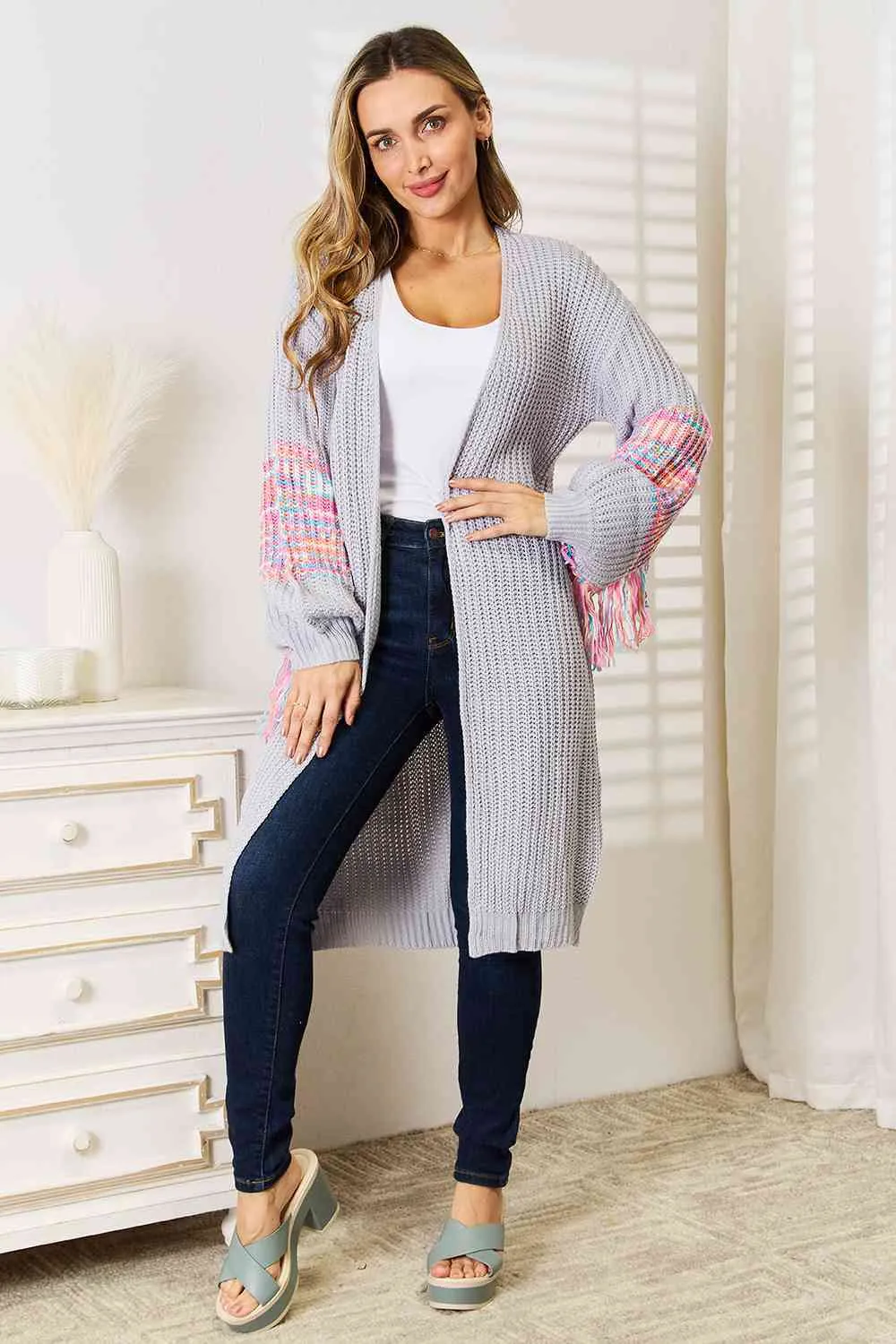 Fringe Sleeve Dropped Shoulder Cardigan