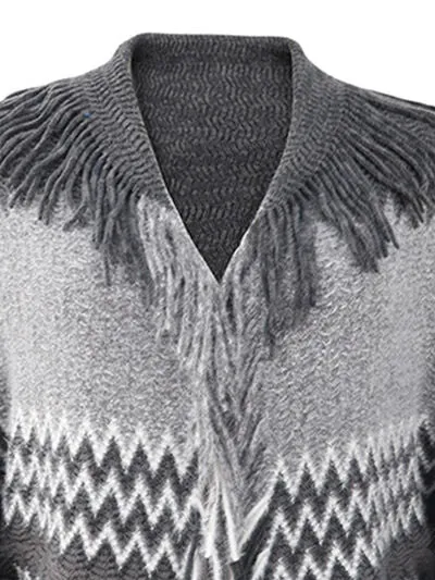 Geometric Fringe Open Front Cardigan