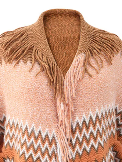 Geometric Fringe Open Front Cardigan