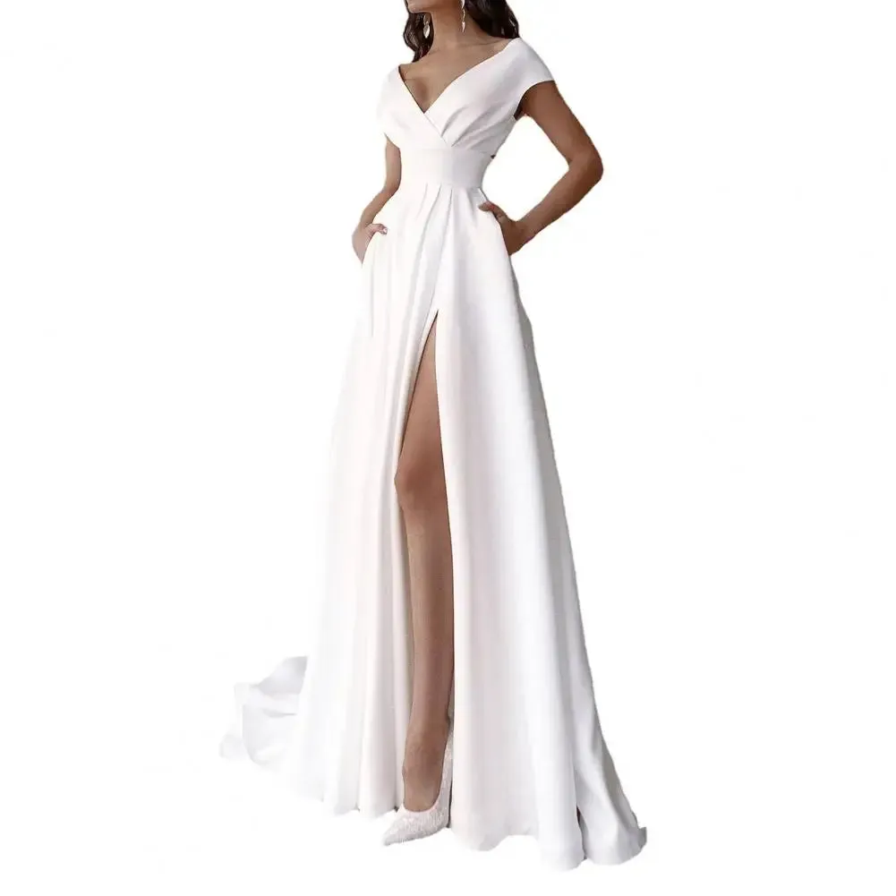 Gown Popular V-neck Side Slit Elegant Dress Lady Formal Dress High Waist for Evening Women's Dresses White Long Skirt