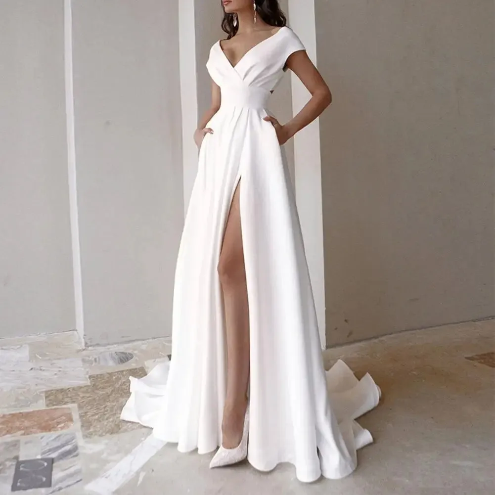 Gown Popular V-neck Side Slit Elegant Dress Lady Formal Dress High Waist for Evening Women's Dresses White Long Skirt