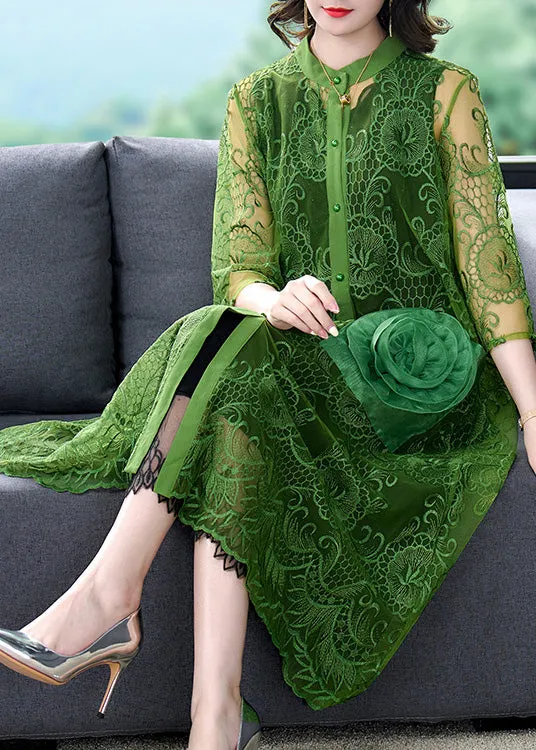 Green O-Neck Lace Patchwork Button Tulle Maxi Coats Summer