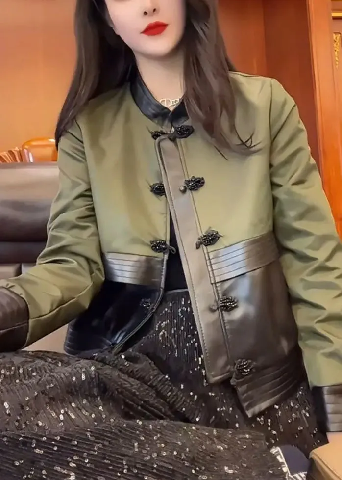 Green O-Neck Patchwork Leather Jacket