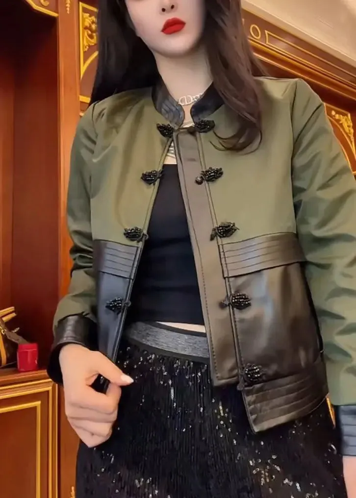 Green O-Neck Patchwork Leather Jacket