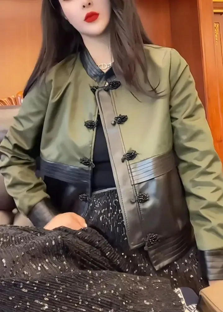 Green O-Neck Patchwork Leather Jacket