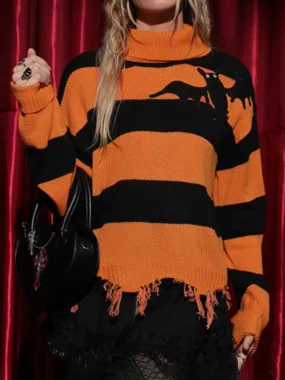 Halloween Cat Stripe Fringe Sweater