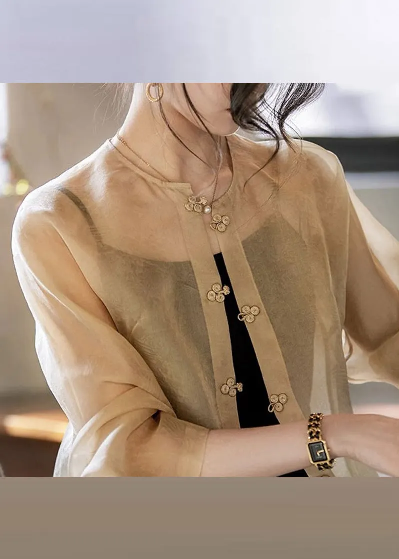 Jacquard Apricot O-Neck Patchwork Silk UPF 50  Coats Long Sleeve LY9758