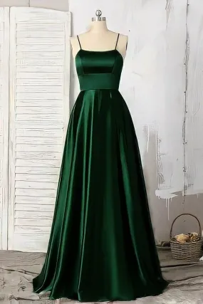 kamahe Emerald Green Prom Dresses, Strappy Back Slit Simple Satin Prom Dress