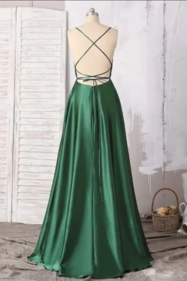 kamahe Emerald Green Prom Dresses, Strappy Back Slit Simple Satin Prom Dress