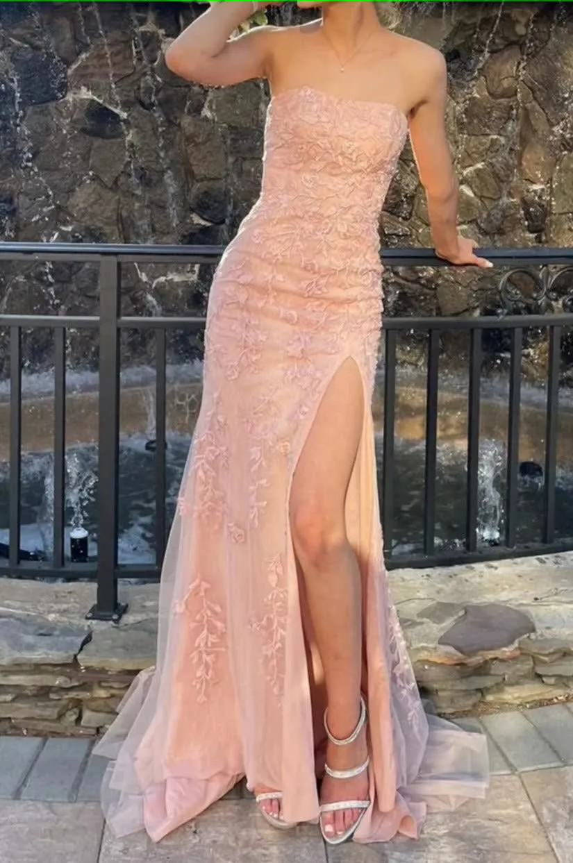 kamahe Pink Strapless Lace Long Prom Dress with Slit Formal Evening Dresses