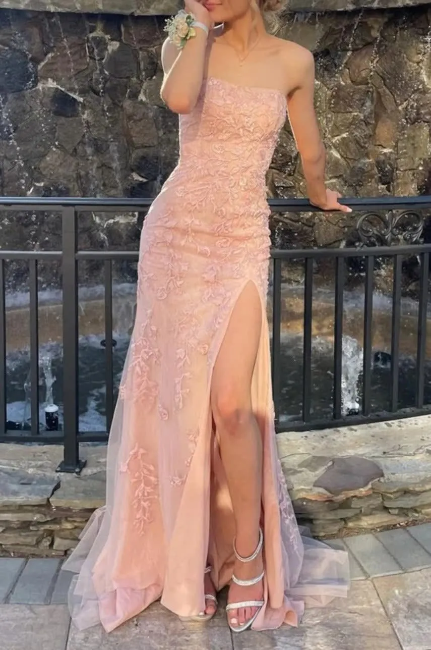 kamahe Pink Strapless Lace Long Prom Dress with Slit Formal Evening Dresses