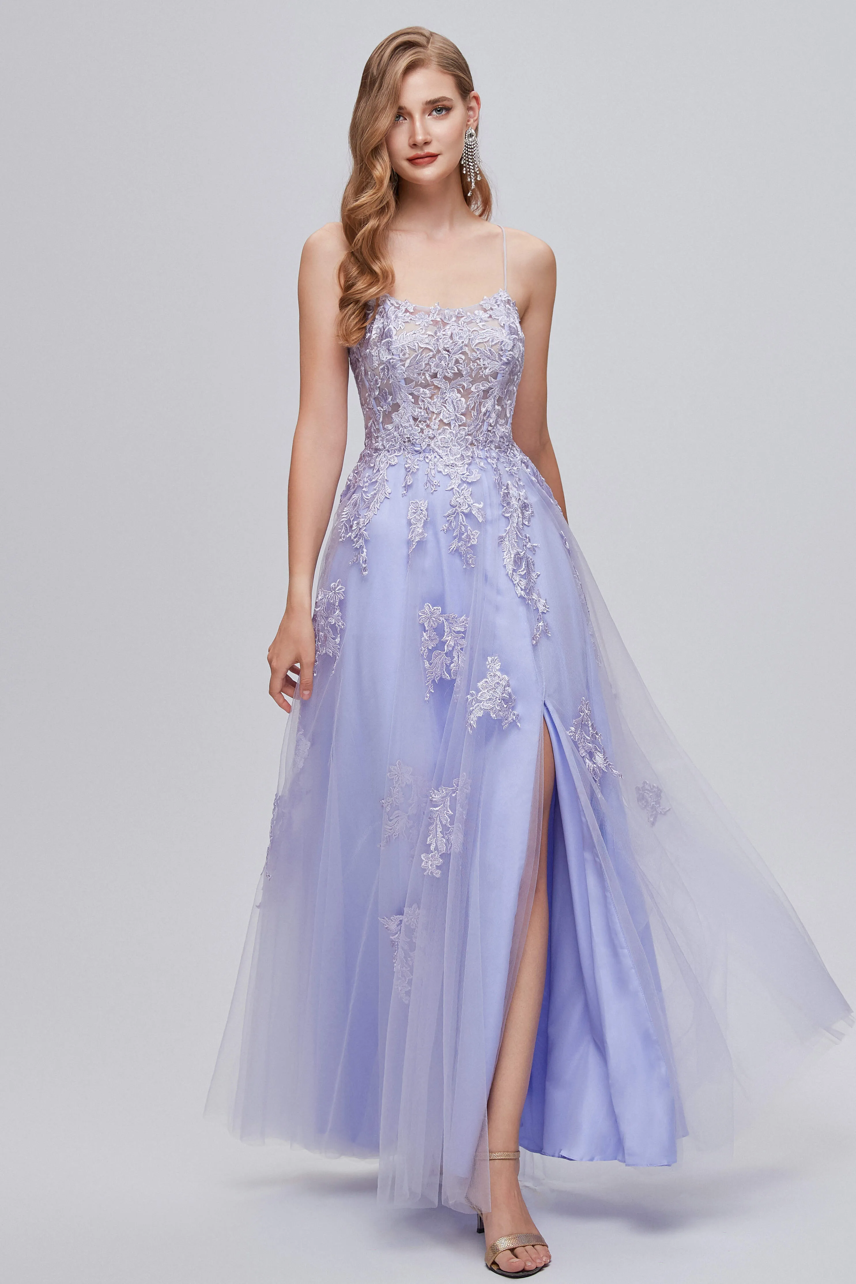 Lilac Appliques Lace-Up A-Line Long Prom Dresses with Slit