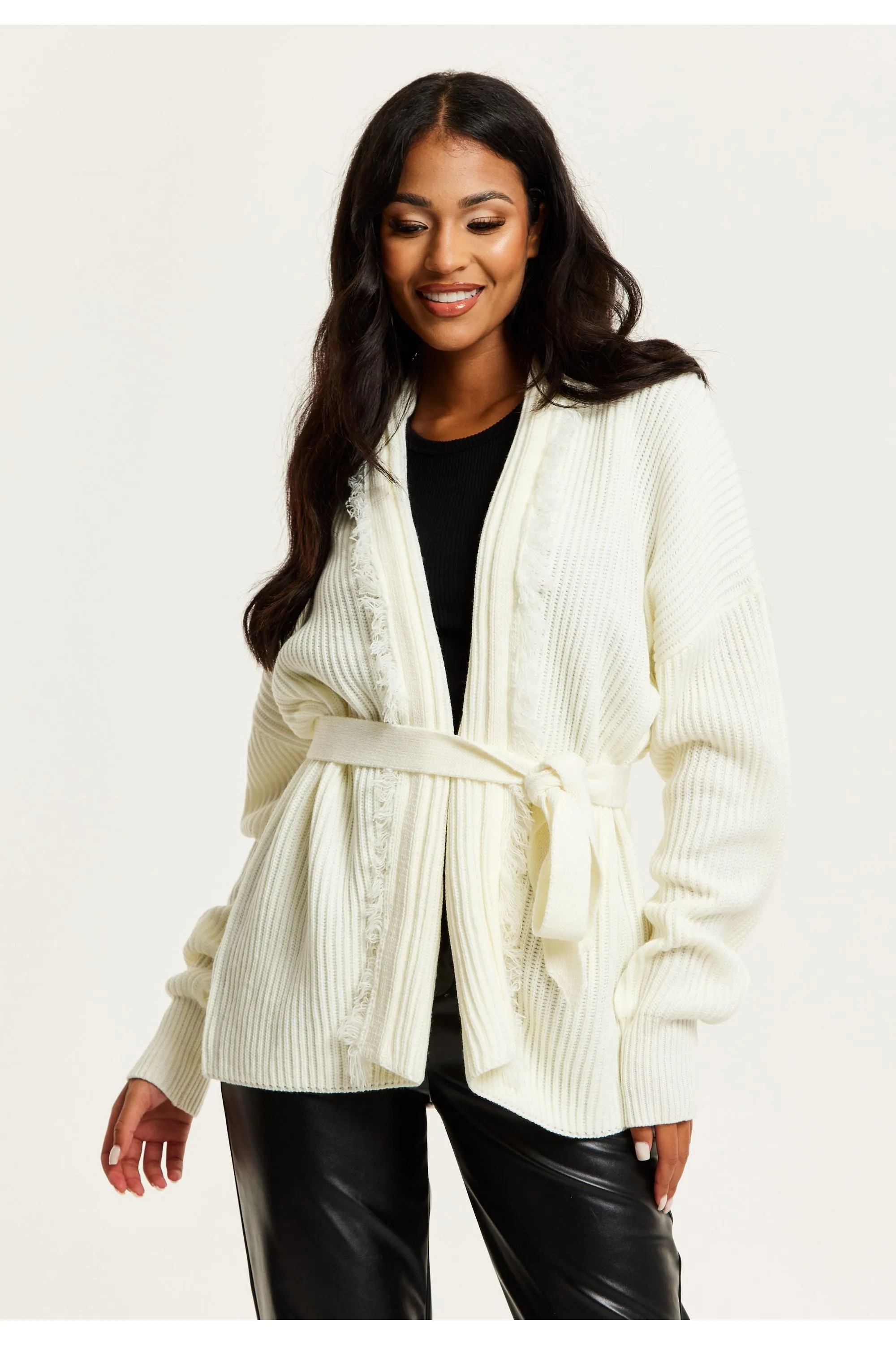 Liquorish Open Front Cream Cardigan With Fringe Details