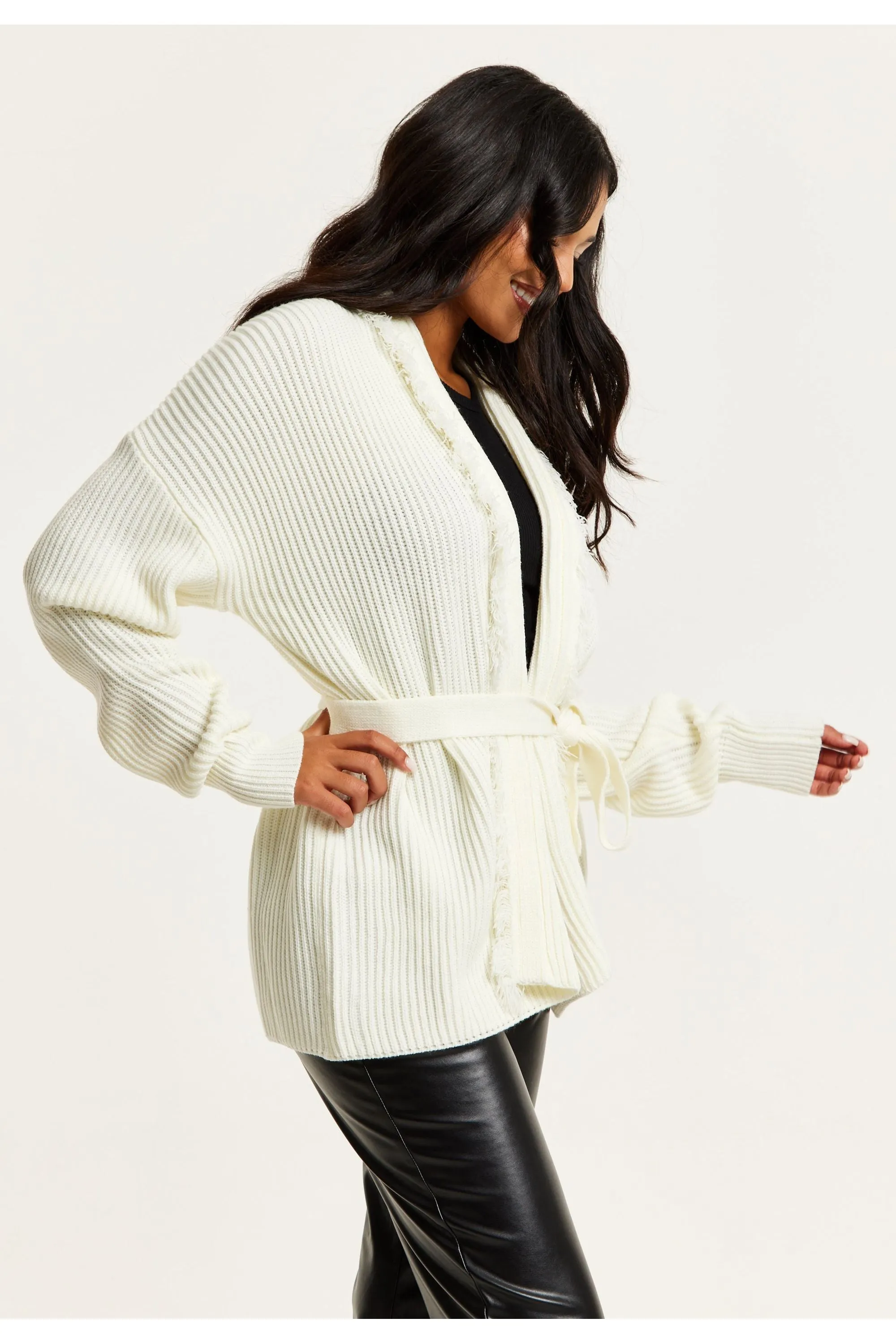 Liquorish Open Front Cream Cardigan With Fringe Details