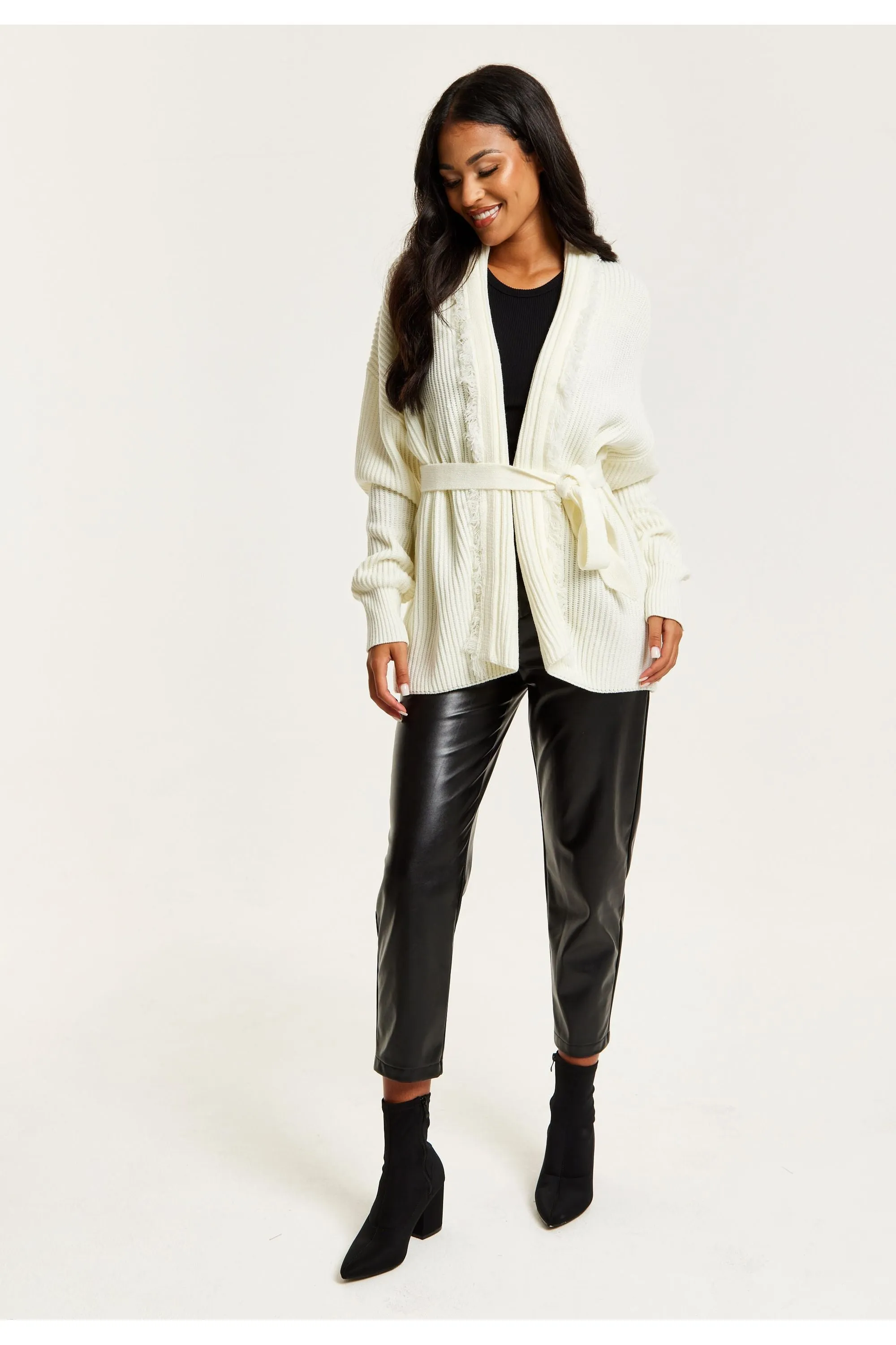 Liquorish Open Front Cream Cardigan With Fringe Details